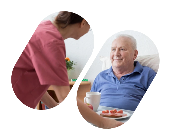 support personnel handing over the meal to the elder